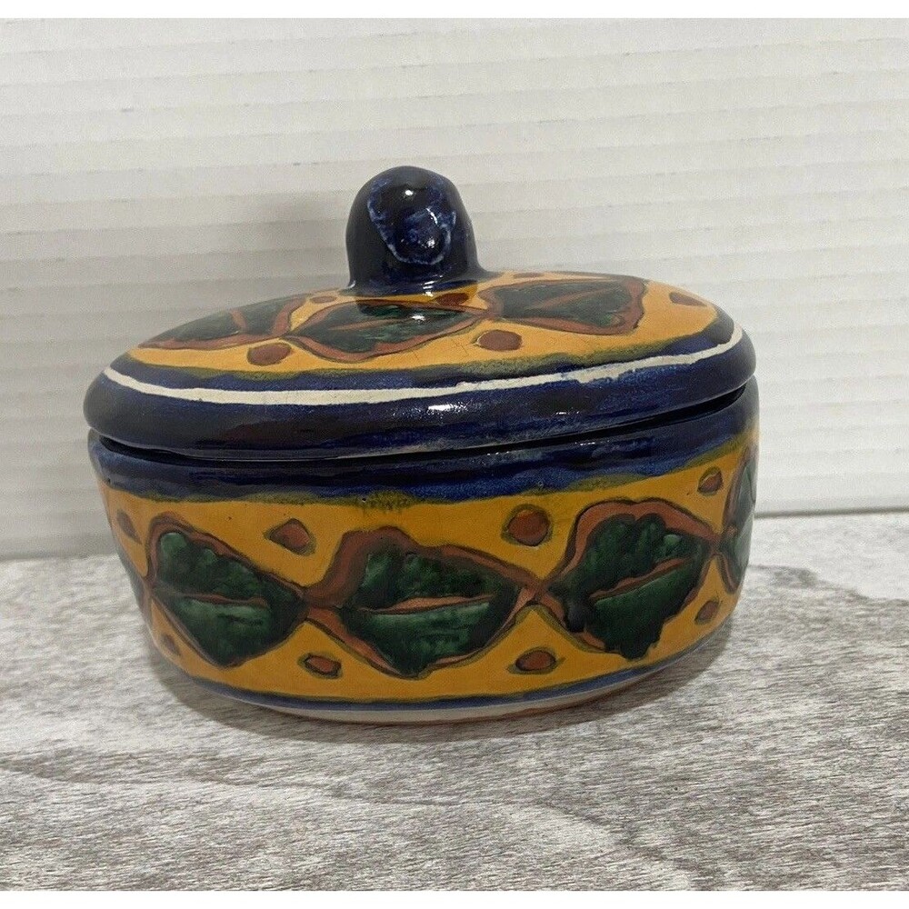 Vintage Talavera Covered Trinket Dish Bowl Mexican FOLK ART POTTERY Oval 5”x 4”